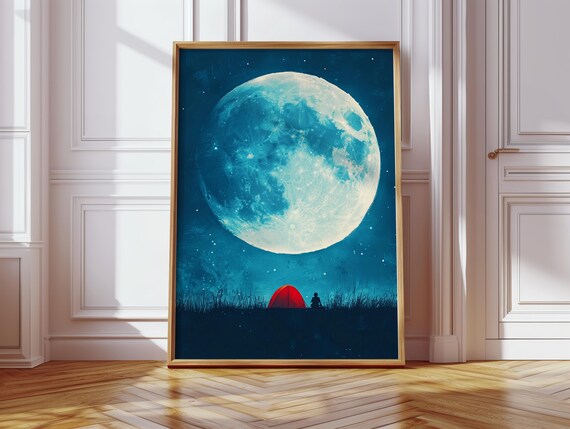 Giant Full Moon Night Camping Red Tent Under Starry Sky Poster