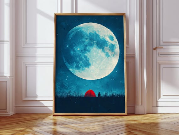 Giant Moon Camping Print Red Tent Surreal Landscape