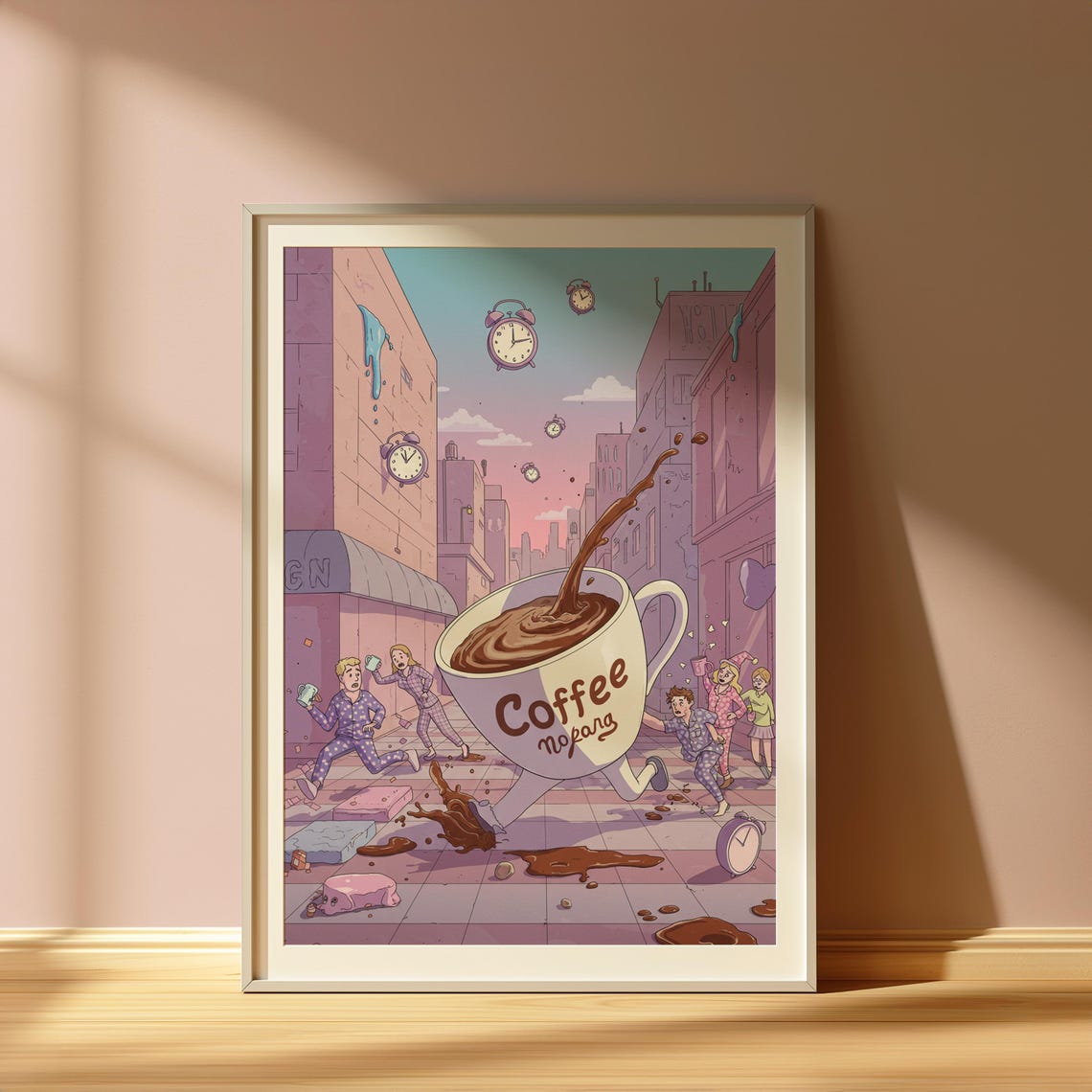 Giant Running Coffee Cup Surreal Morning Rush Illustration Poster