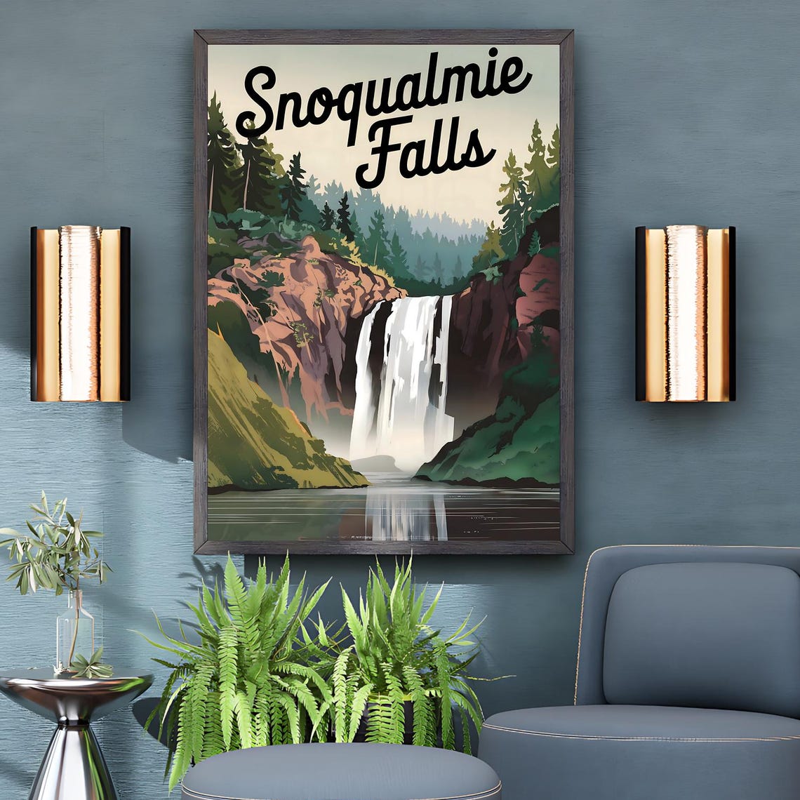 Snoqualmie Falls Waterfall Washington Retro Vintage Travel Poster