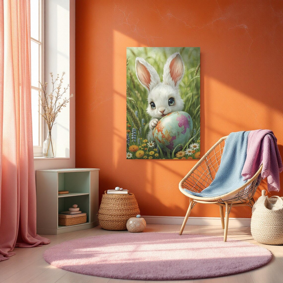 Fluffy White Easter Bunny Giant Painted Egg Meadow Art Poster - Image 5