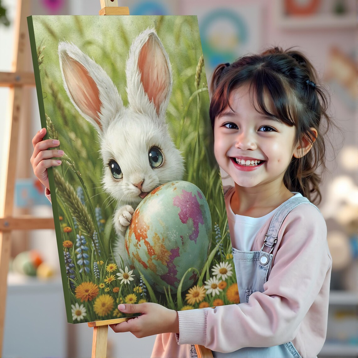 Fluffy White Easter Bunny Giant Painted Egg Meadow Art Poster - Image 2