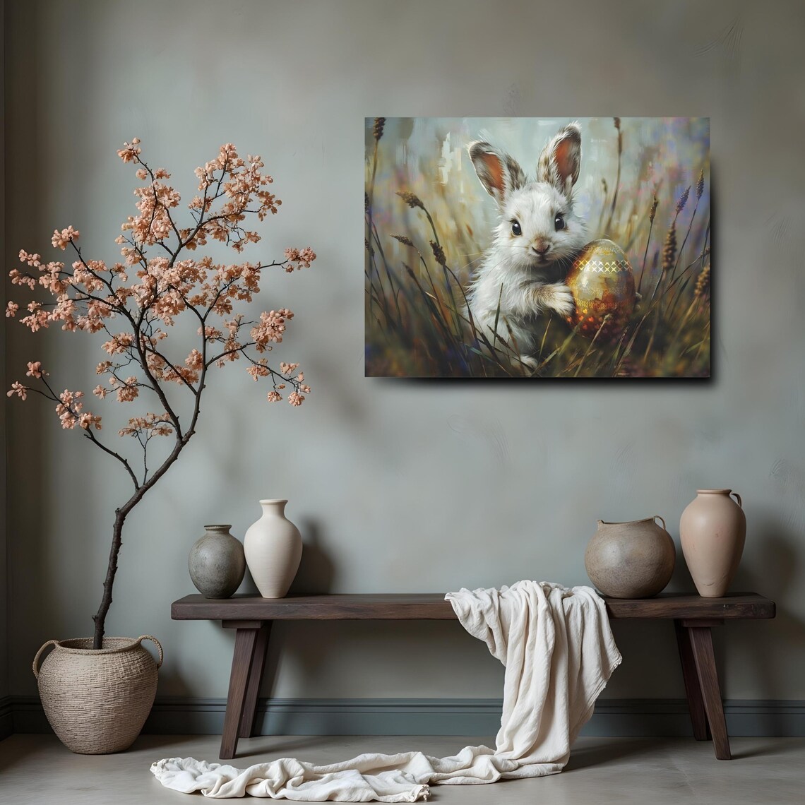 White Bunny Holding Golden Easter Egg Tall Grass Wildlife Poster - Image 2