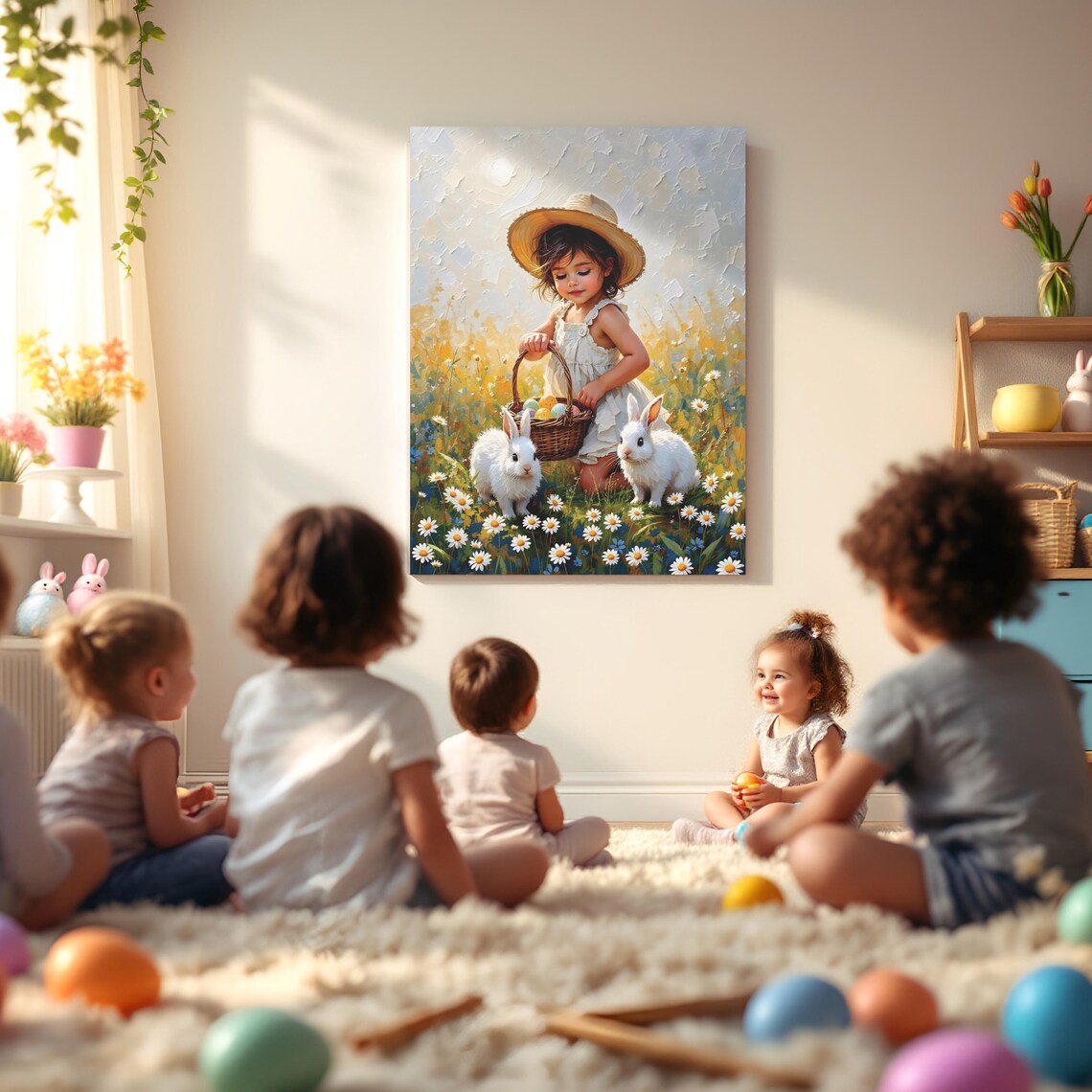 Little Girl Easter Egg Basket Bunnies Daisy Field Spring Art Poster - Image 5