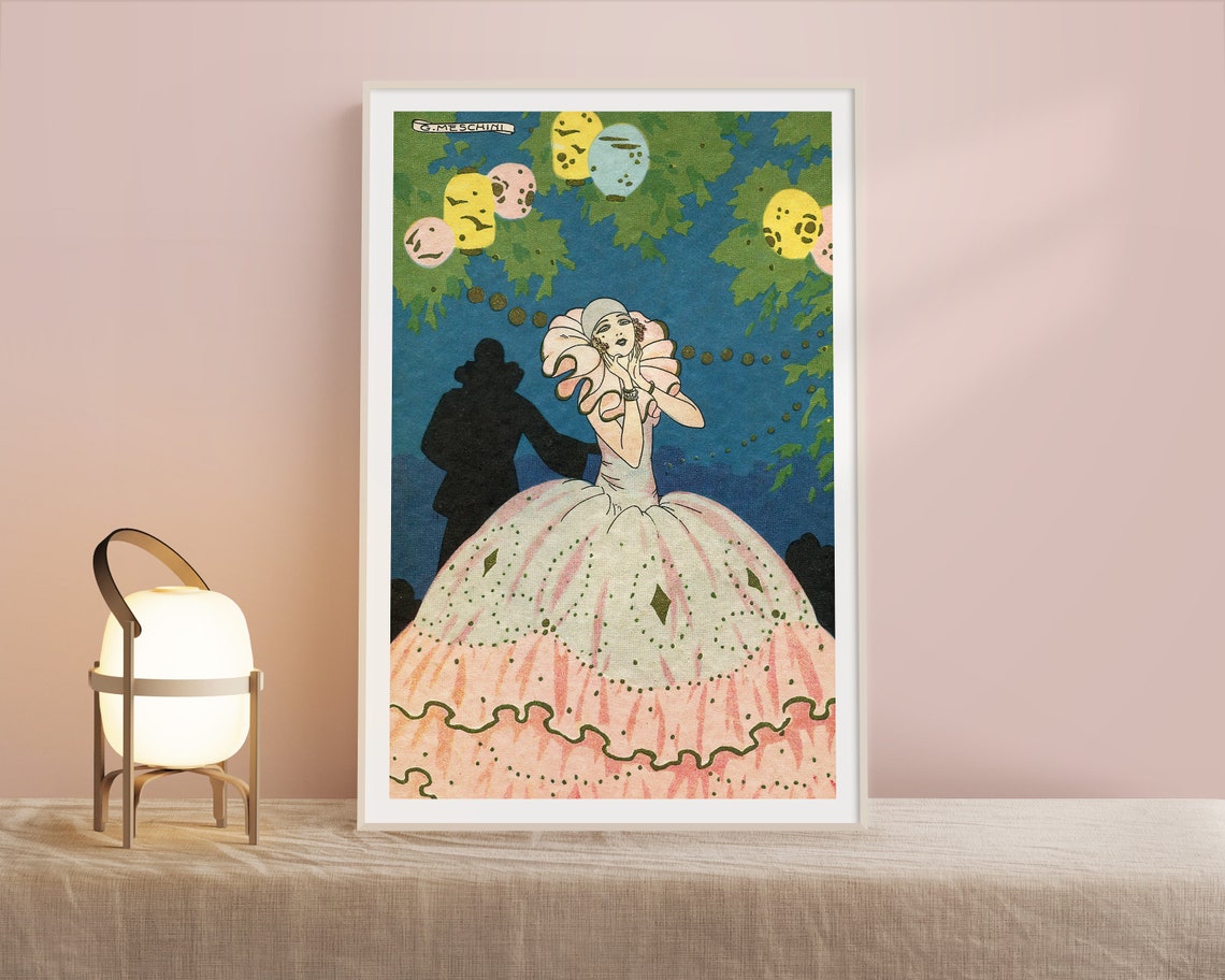 Pierrot Lady in a Pink Gown Under Glowing Paper Lanterns Poster
