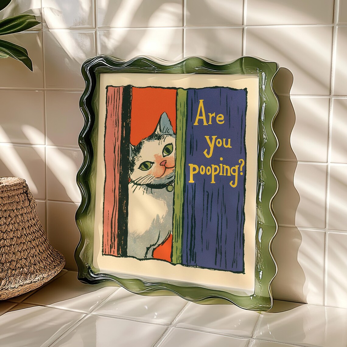 Retro Cat Bathroom Art Print, Funny Whimsical Decor