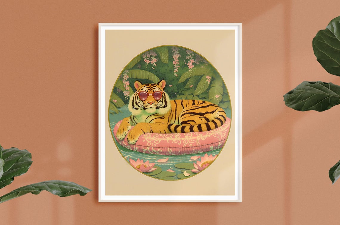 Cool Tiger With Sunglasses Floating on a Pink Pool Float Poster