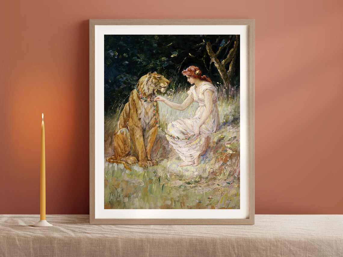 Vintage Woman With Tiger, Retro Floral Art Print - Image 3