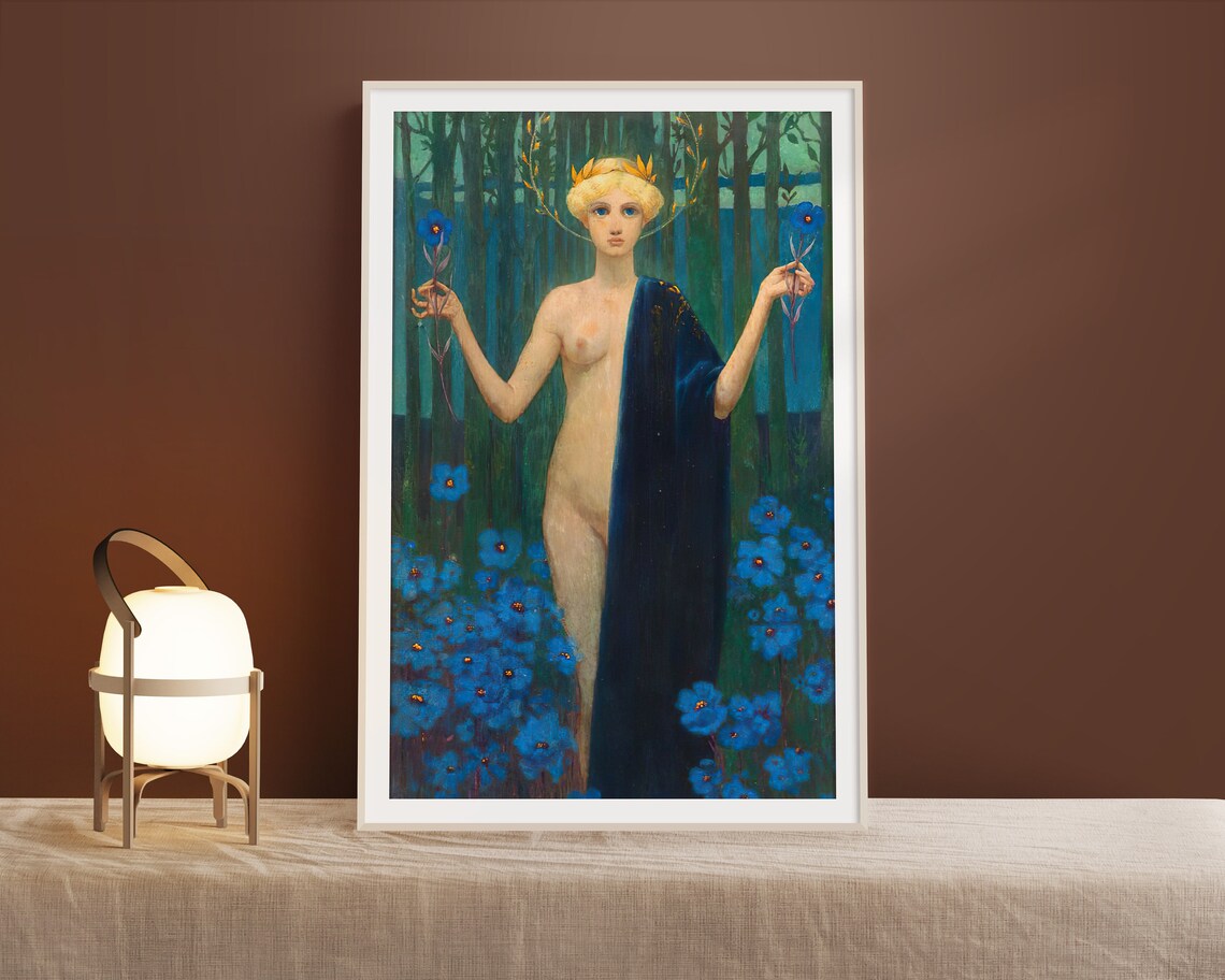 Serene Woman With Blue Flowers in a Moonlit Forest Symbolist Poster