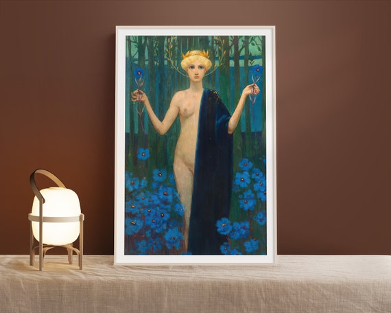 Vintage Nude Woman Holding Blue Flowers Fine Art Print Retro Moody Print Flower Wall Art 2 Sizes