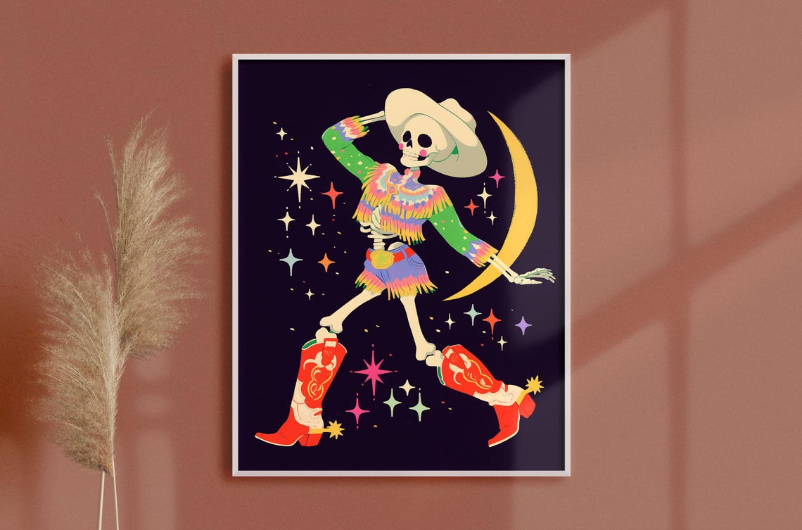 Dancing Cowgirl Skeleton Under a Golden Crescent Moon Poster - Image 2