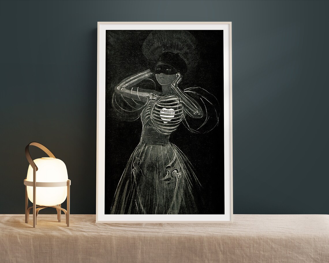 Vintage Skeleton Woman Gothic Art Print, Retro Dark