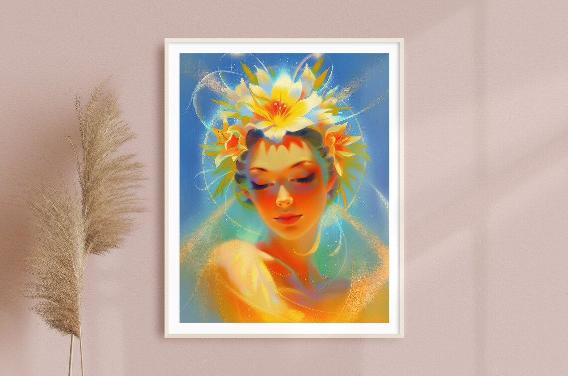 Spring Goddess Portrait Wearing a Yellow Lily Crown Ethereal Poster - Image 3