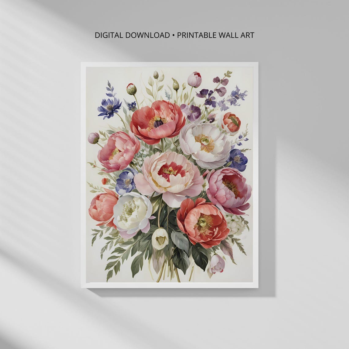 Vibrant Peony Bouquet Coral Pink Watercolor Floral Arrangement Poster