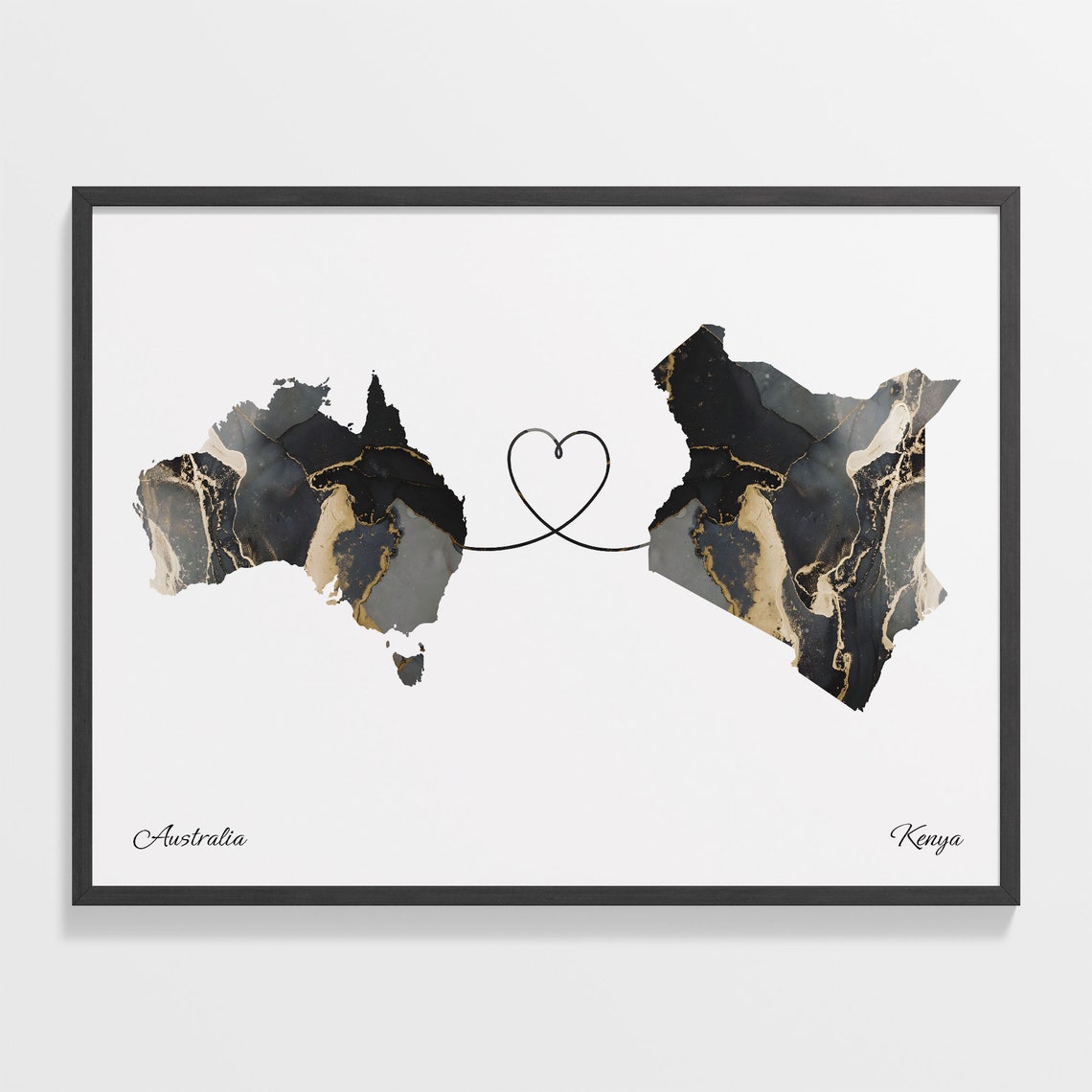 Australia Kenya Marble Map Heart Long Distance Love Gift Poster