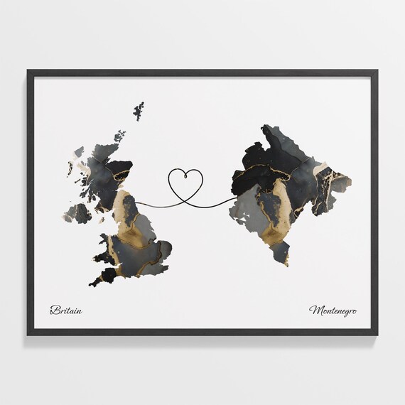 Britain and Montenegro Heart Connection Black and Gold Marble Poster