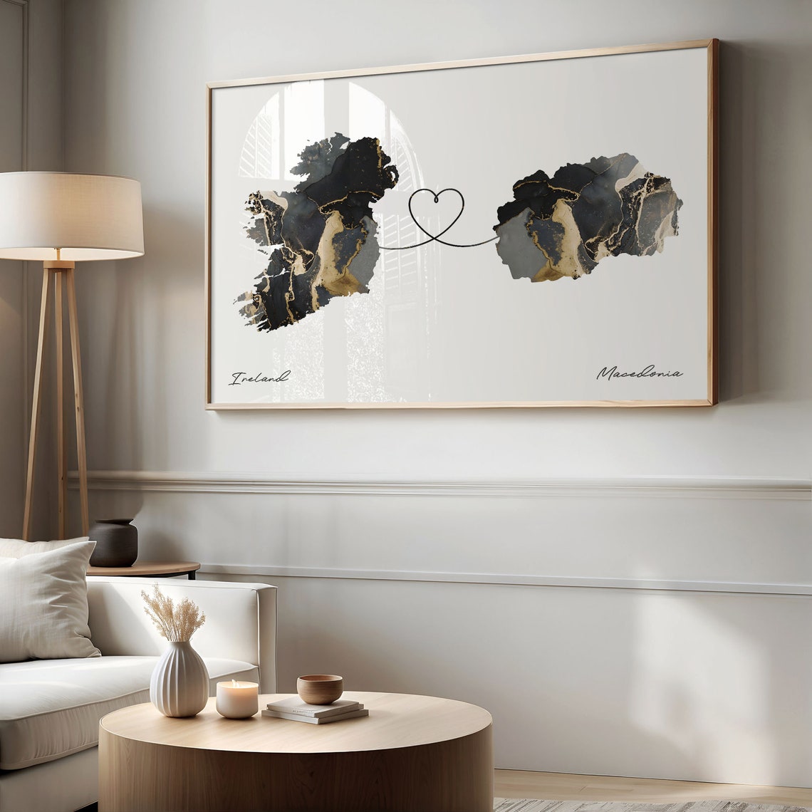 Ireland To Macedonia Elegant Black Marble Two Country Heart Map Poster - Image 2