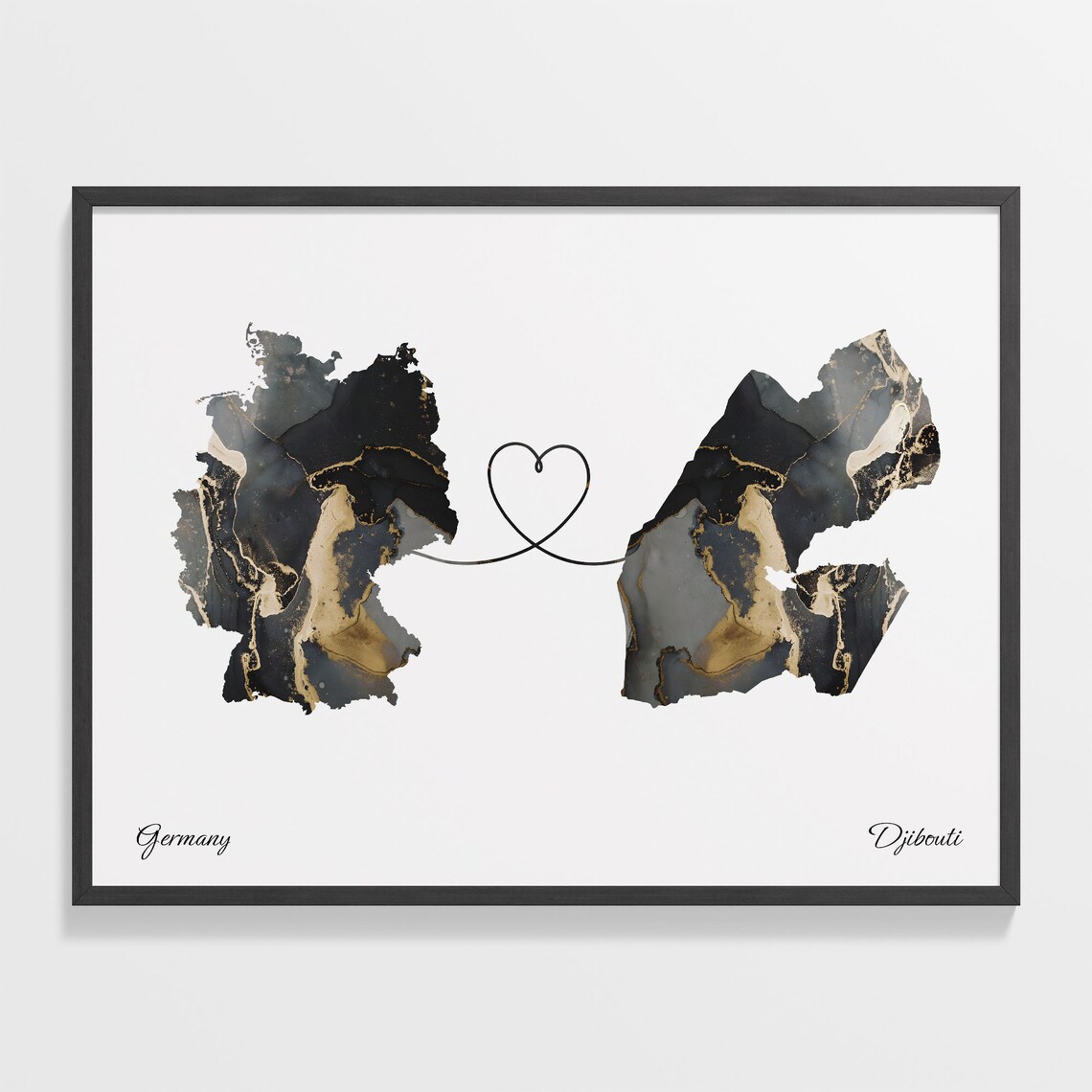 Germany and Djibouti Marble Heart Connected Countries Map Poster