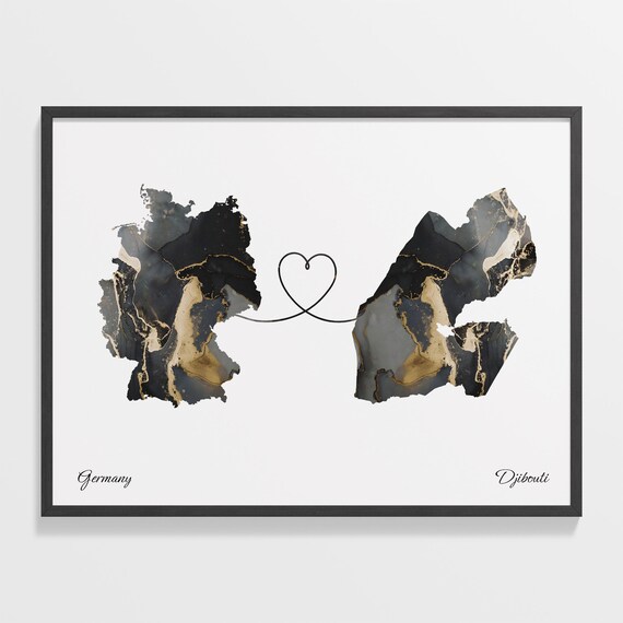 Germany and Djibouti Marble Heart Connected Countries Map Poster