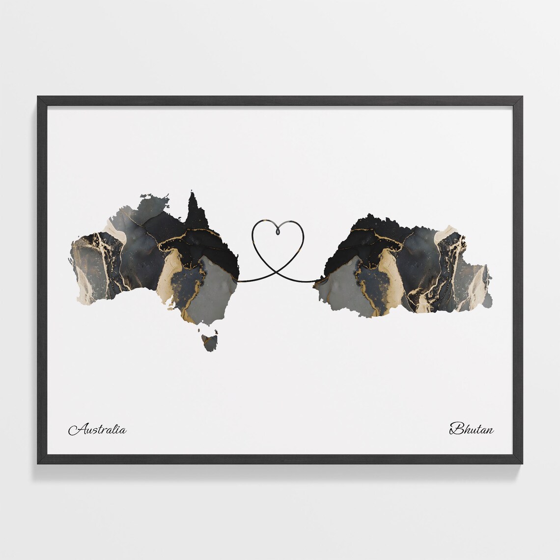 Australia to Bhutan Black and Gold Marble Two Country Map Poster