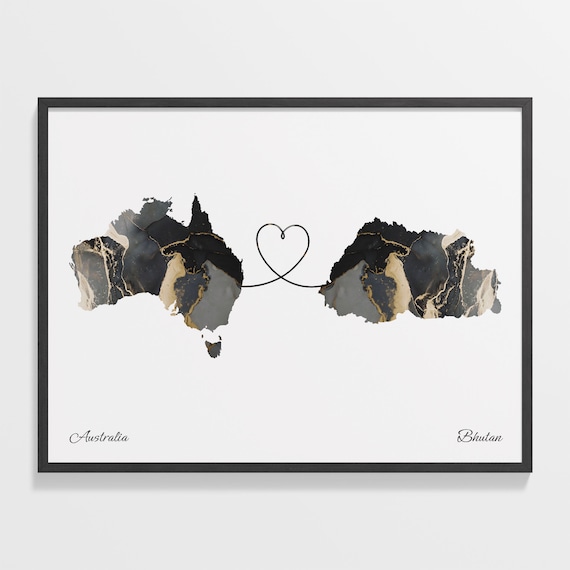 Australia to Bhutan Black and Gold Marble Two Country Map Poster