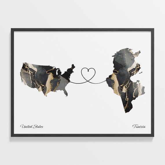 United States to Tunisia Marble Heart Map Poster Long Distance Love Gift