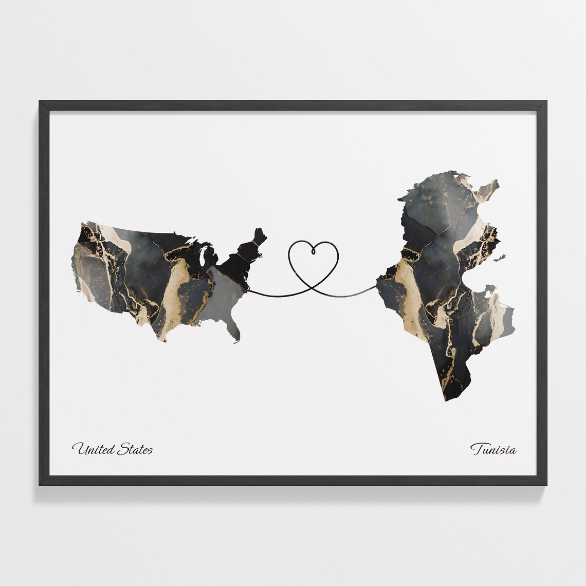 United States to Tunisia Marble Heart Map Poster Long Distance Love Gift