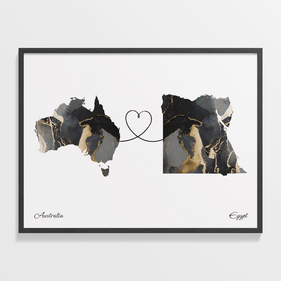 Australia and Egypt Black Marble Heart Connection Map Poster