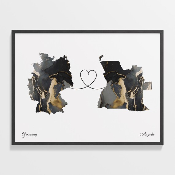 Germany and Angola Black and Gold Marble Heart Map Connection Poster