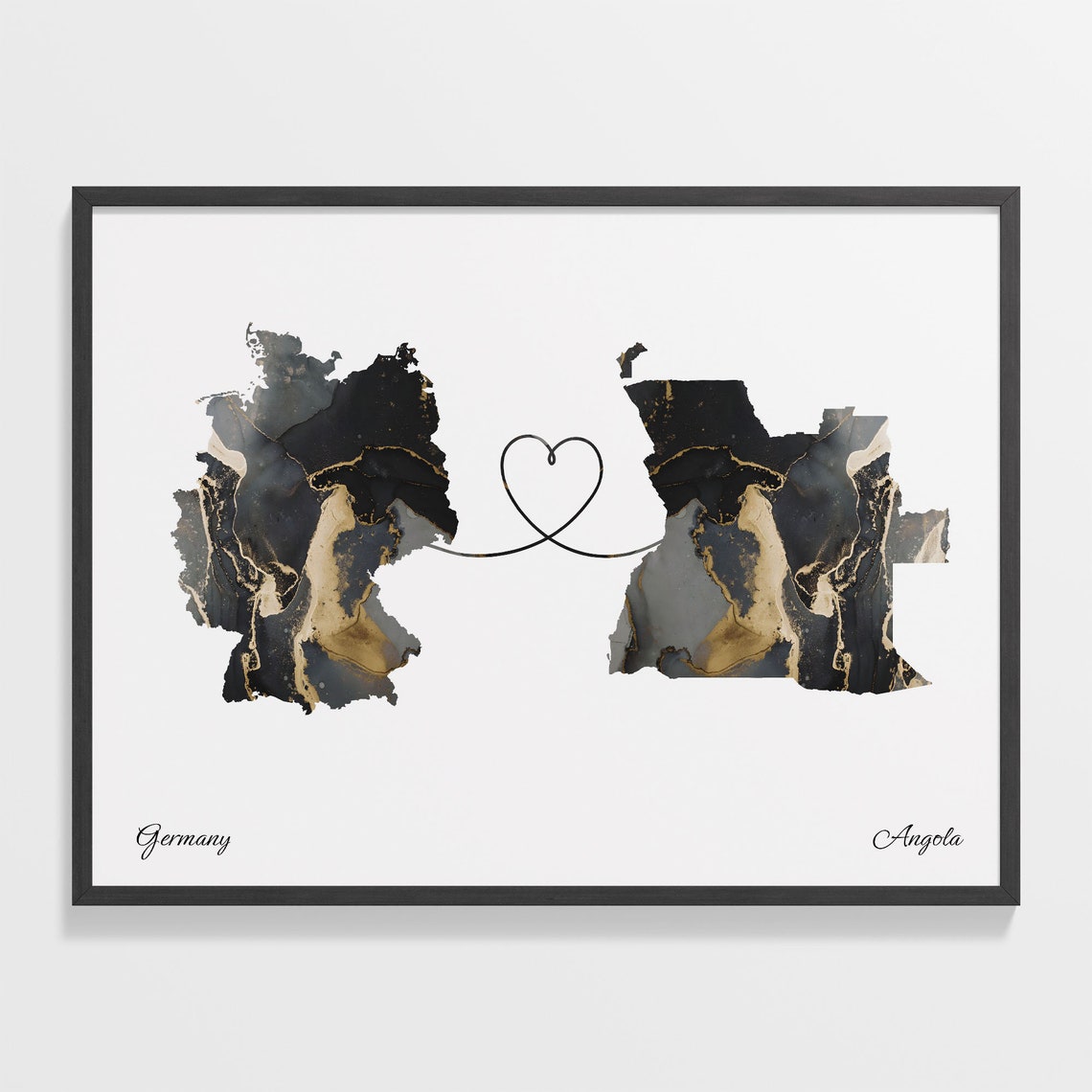 Germany and Angola Black and Gold Marble Heart Map Connection Poster