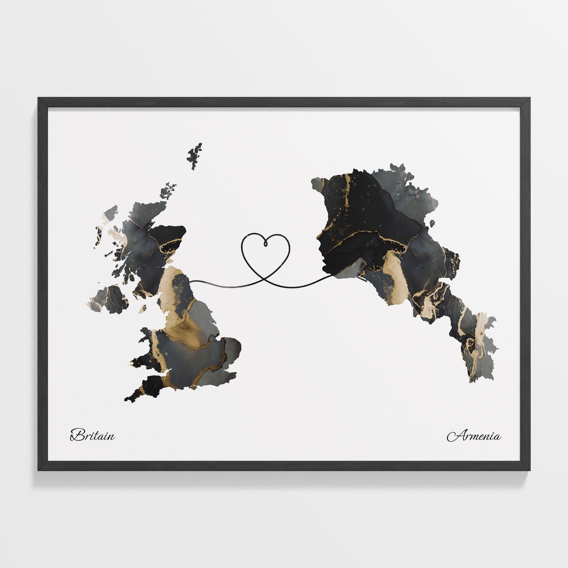 Britain To Armenia Long Distance Marble Map Heart Print Gift Art