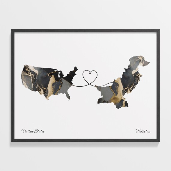 United States to Pakistan Two Country Long Distance Heart Marble Map Poster