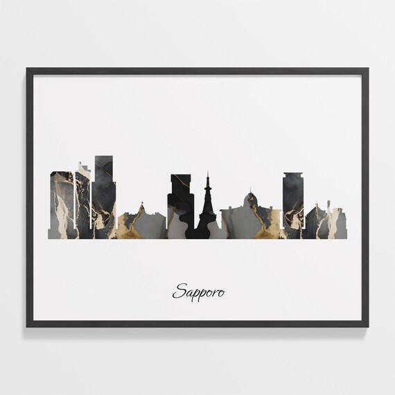 Sapporo Japan Black Gold Marble Skyline Silhouette Cityscape Poster