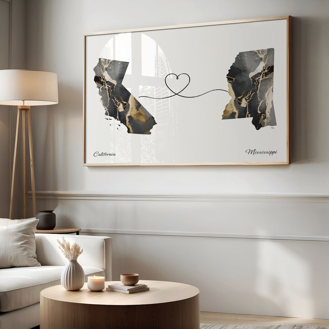 California to Mississippi Black Gold Marble Map Heart Line Art Poster - Image 2