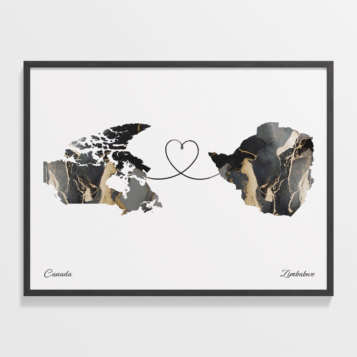 Canada To Zimbabwe Marble Heart Map Two Country Long Distance Gift Poster