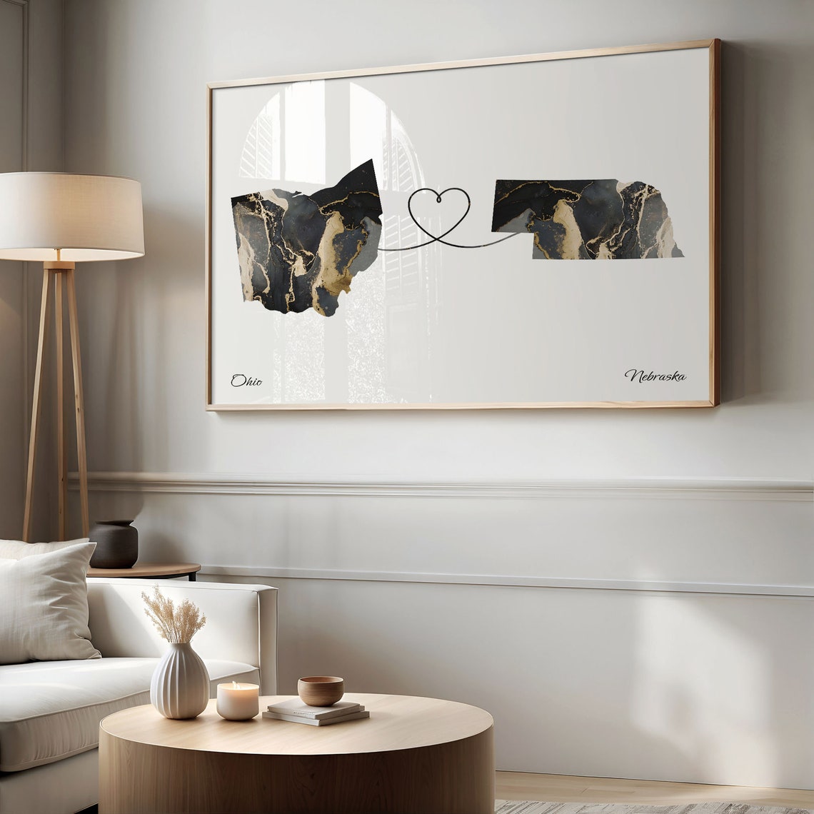 Long Distance Ohio to Nebraska Heart Connection Marble Map Poster - Image 2