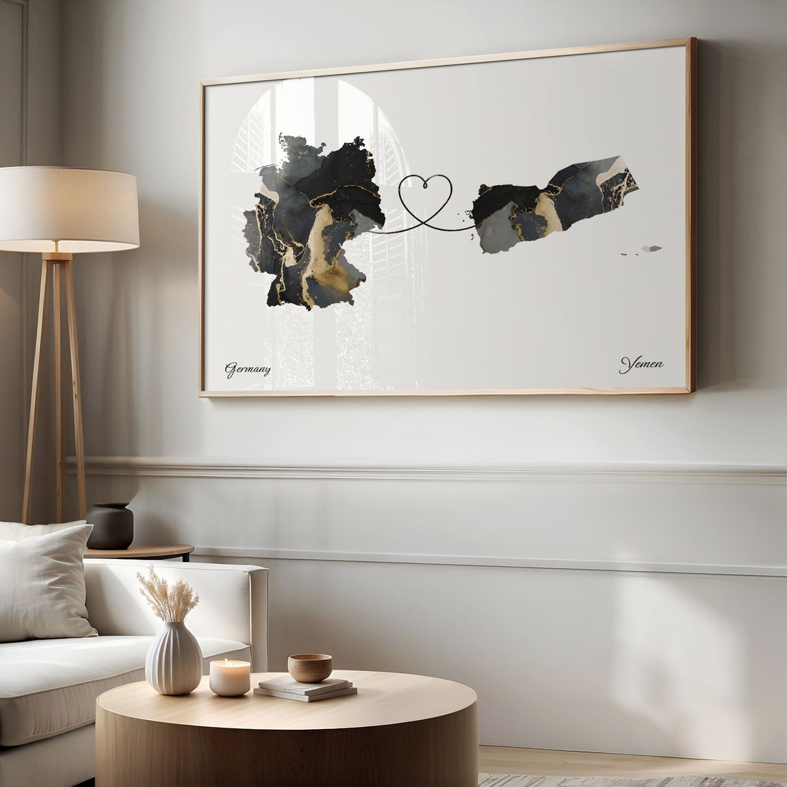 Germany to Yemen Black and Gold Marble Two Country Map Poster - Image 2