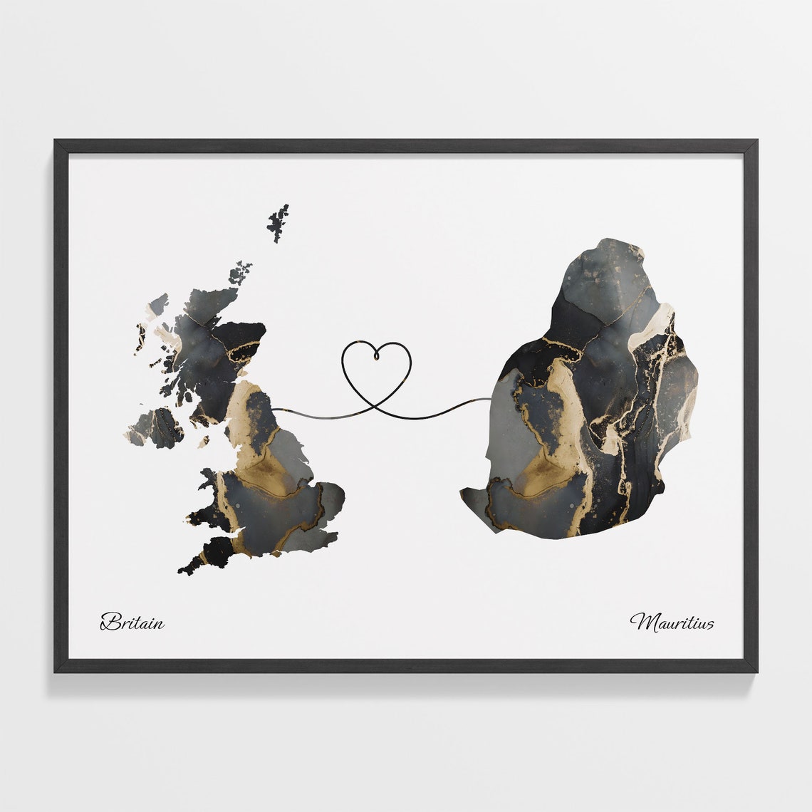 Britain and Mauritius Heart Connection Black and Gold Marble Poster