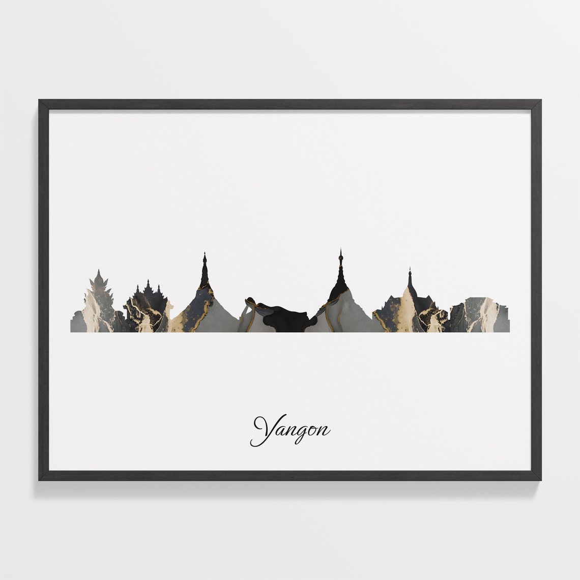 Yangon Black Marble Skyline Pagoda Poster Modern Cityscape Art