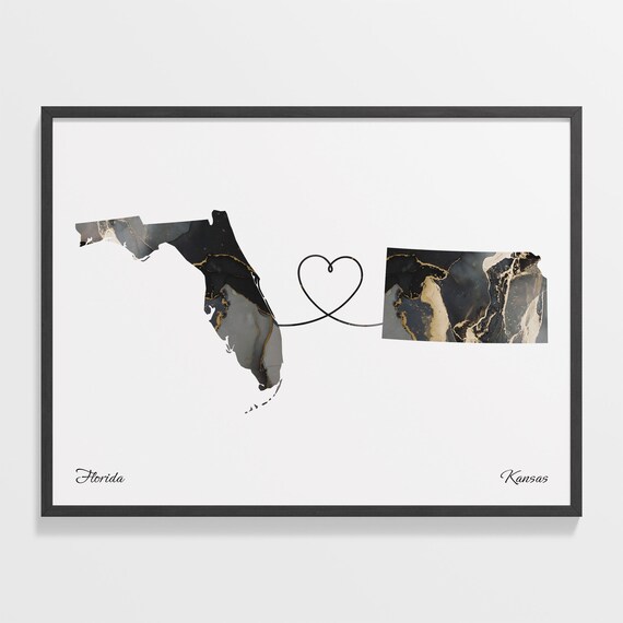 Florida Kansas Marble State Map Poster Two State Connection Gift