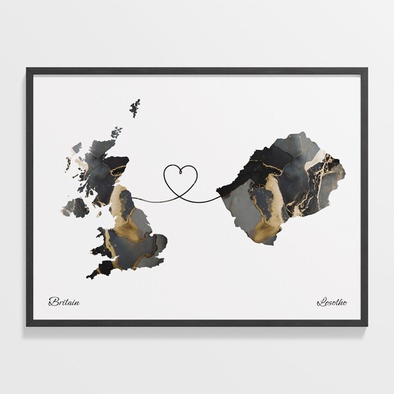 Britain to Lesotho Heart Connected Long Distance Marble Map Poster