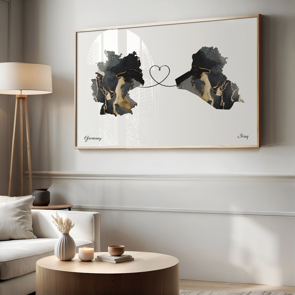 Germany and Iraq Marble Heart Connected Countries Map Poster - Image 2