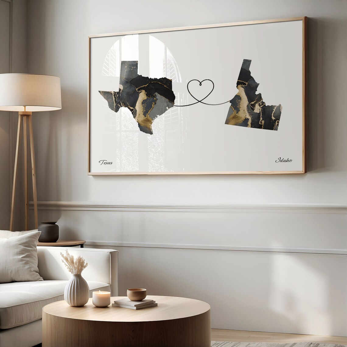 Texas and Idaho Black Gold Marble Map Heart Connection Poster - Image 2