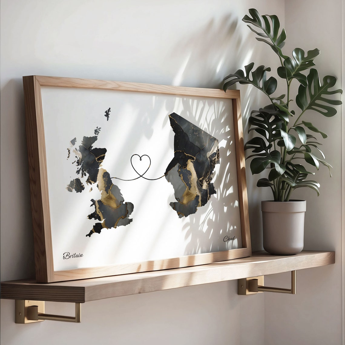 Britain to Chad Heart Connected Long Distance Marble Map Poster - Image 3