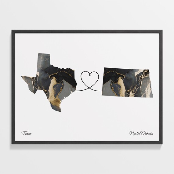 Texas To North Dakota Heart Connected Black Marble State Map Poster