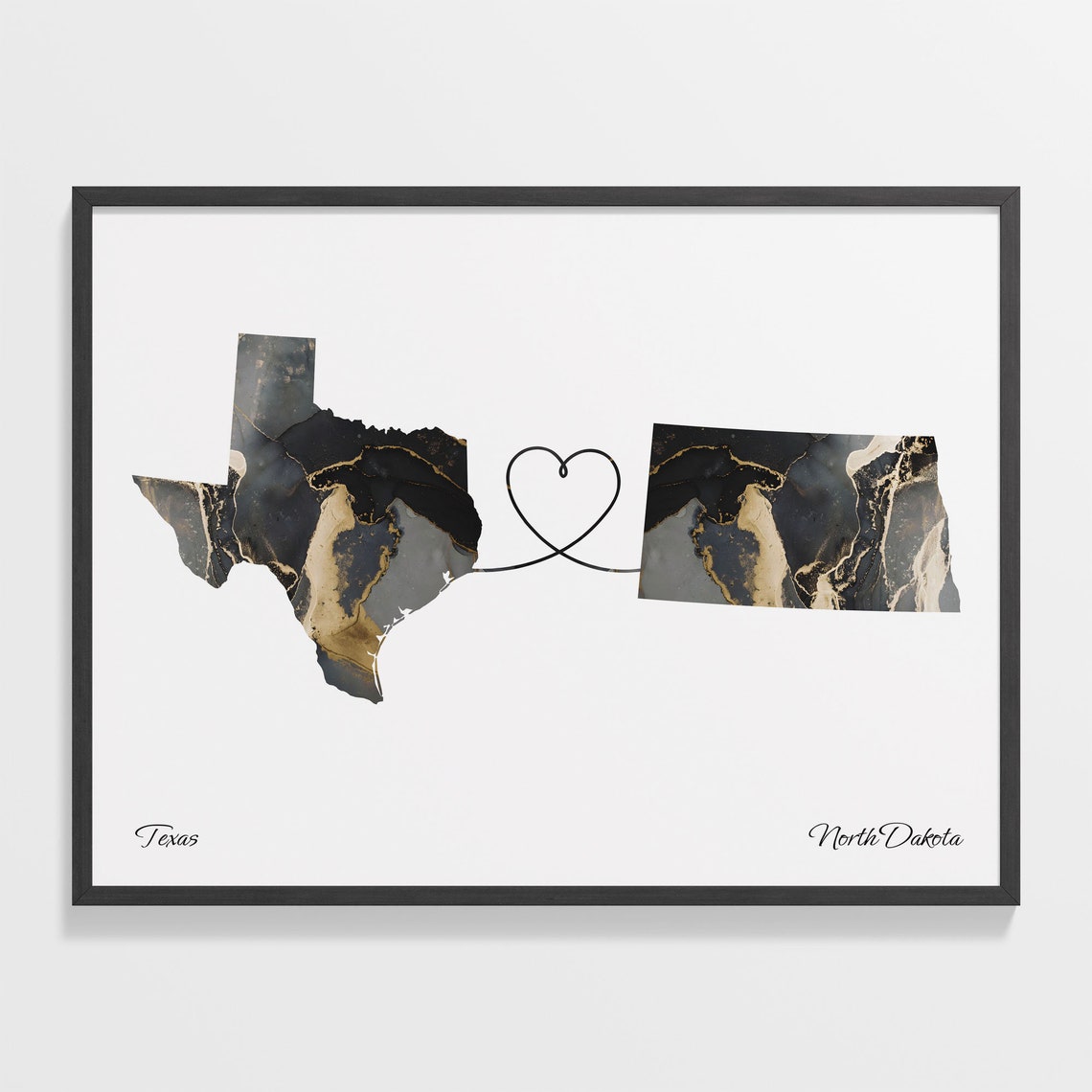 Texas To North Dakota Heart Connected Black Marble State Map Poster