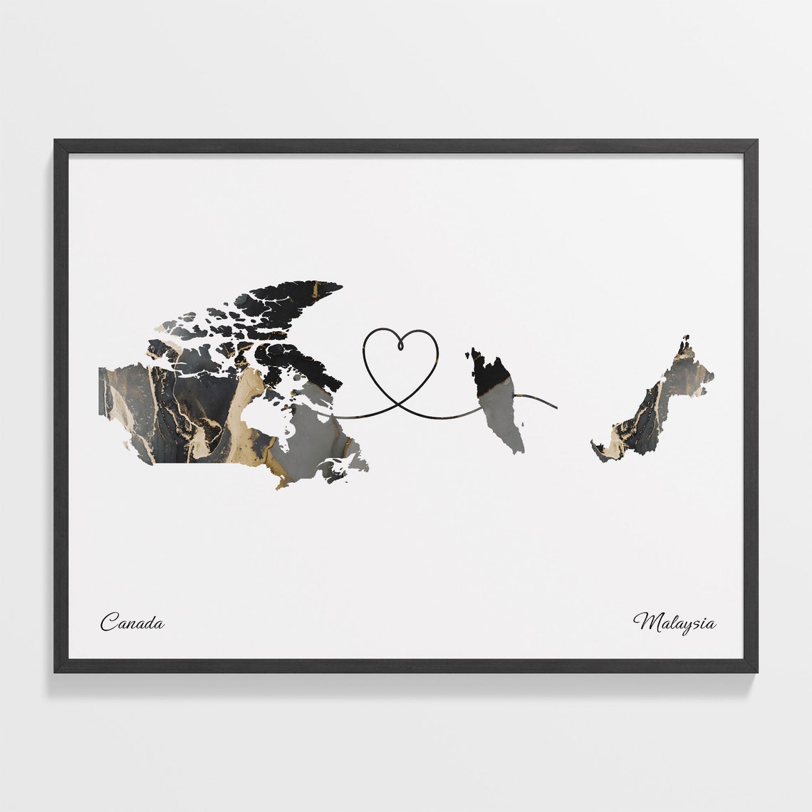 Canada Malaysia Black Gold Marble Map Art Heart Connection Poster