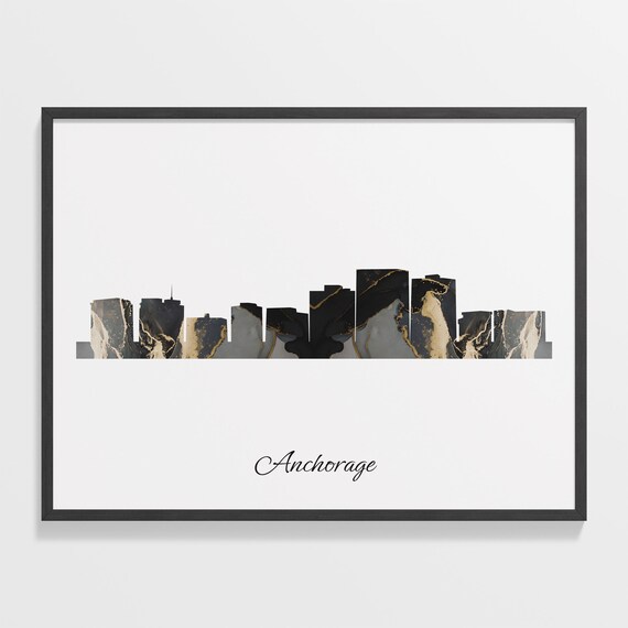 Anchorage Alaska Black Gold Marble Skyline Silhouette Art Poster