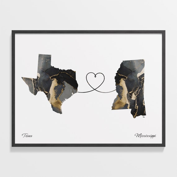 Texas to Mississippi Map Poster, Travel Art Print