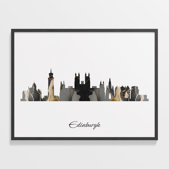 Edinburgh UK Marble Skyline Black Gold Minimalist Cityscape Poster